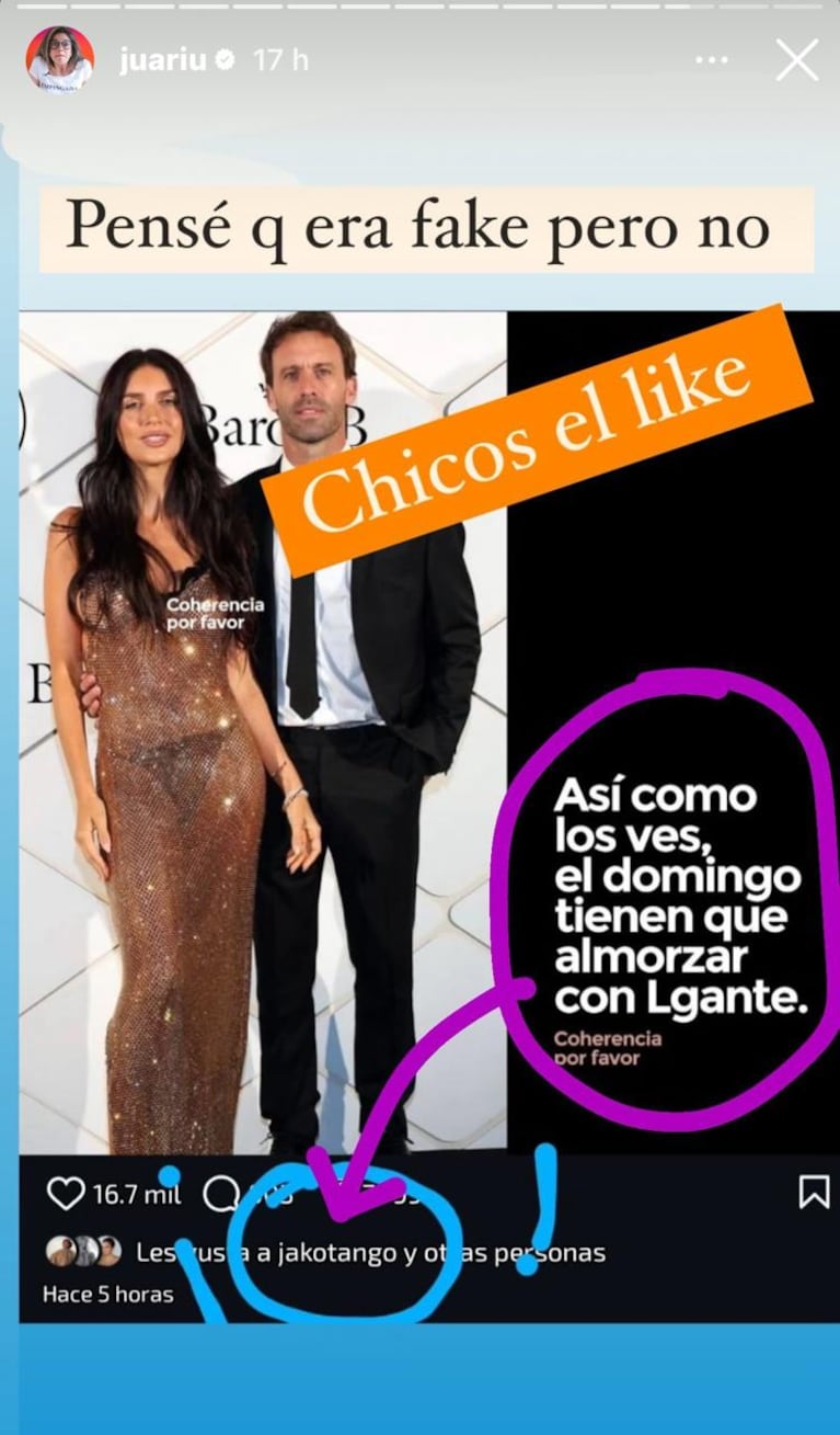 Jakob Von Plessen le puso un like a un meme sobre Zaira Nara, Facundo Pieres, Wanda y L-Gante (Foto: captura de Juariu).