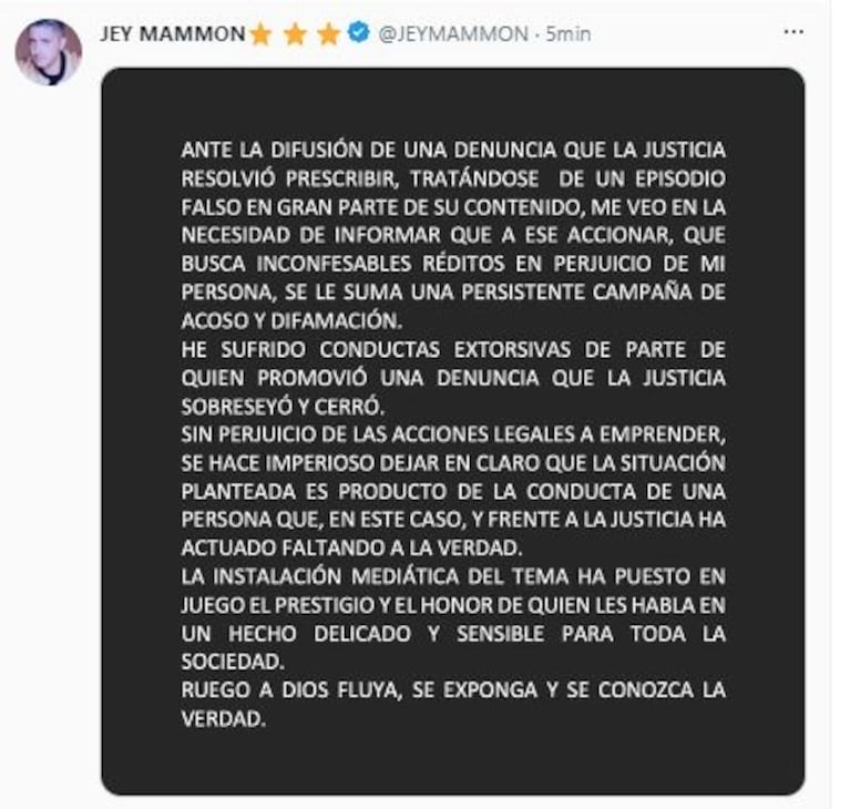 Jey Mammon se defendió de las acusaciones de abuso con un comunicado: "He sufrido extorsión"