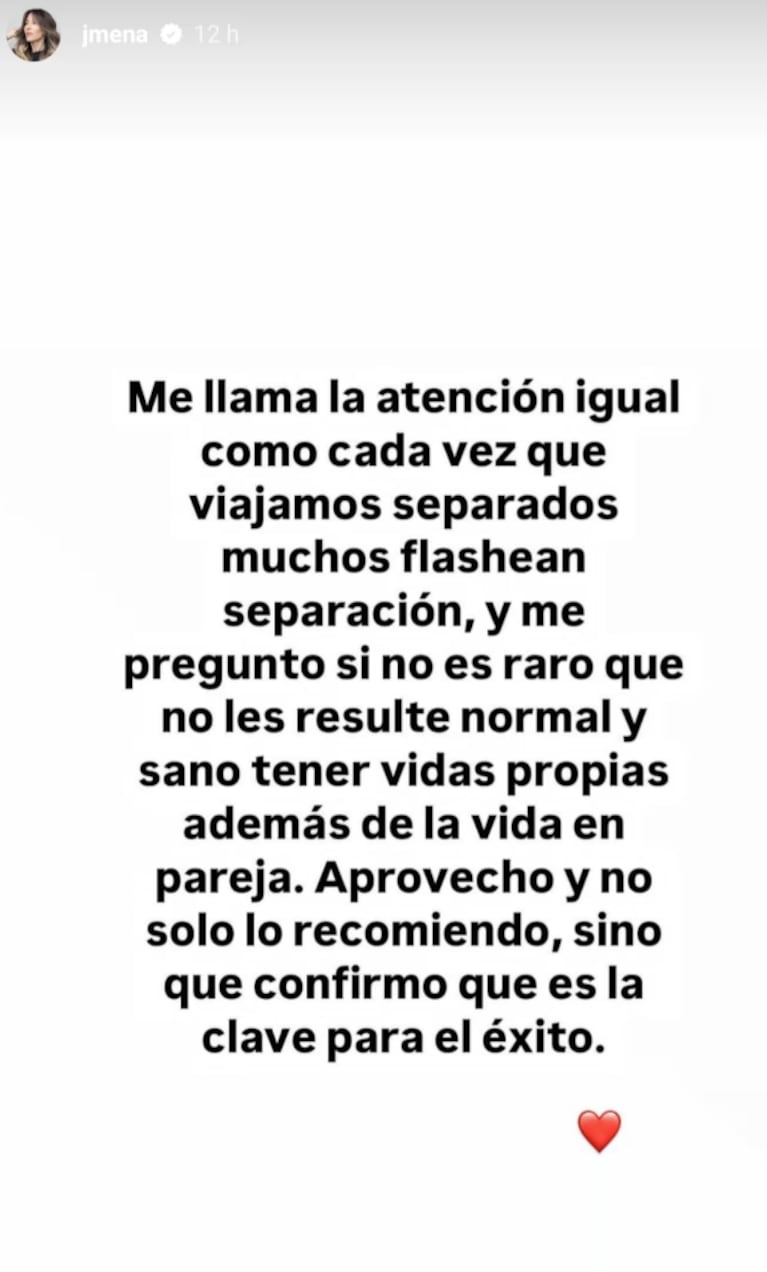 Jimena aclaró que no está separada de Matías.