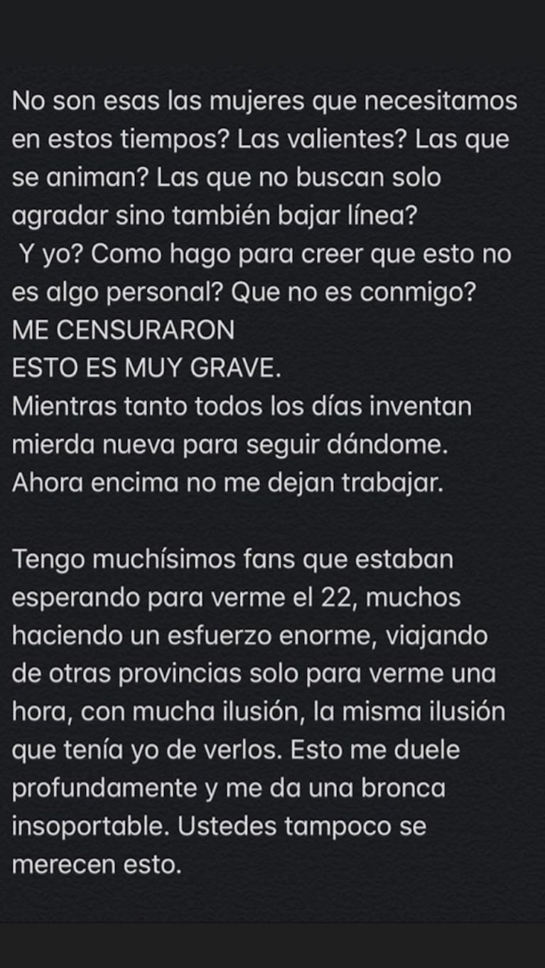 Jimena Barón explotó tras la cancelación de un show y denuncia que fue censurada: "La fuerza que junté se desmoronó"