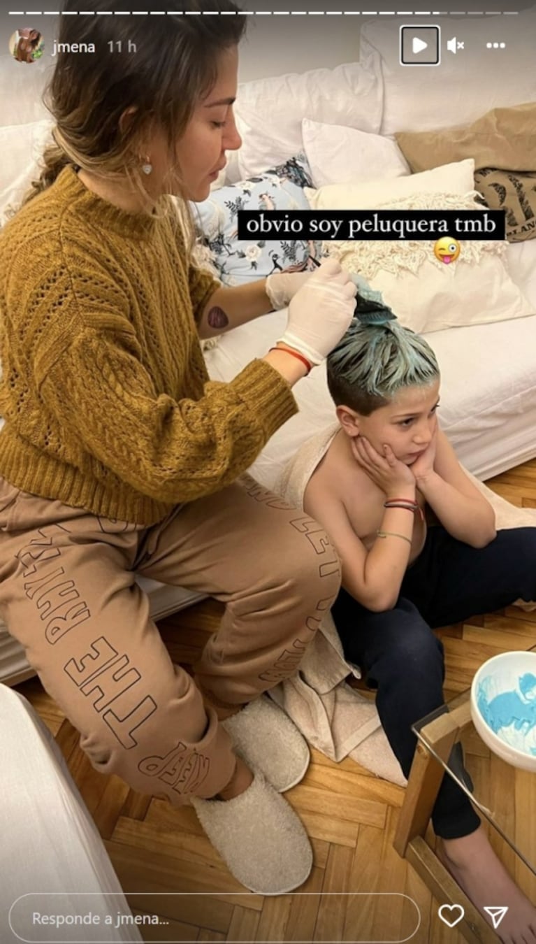 Jimena Barón le tiñó el pelo de rubio a Momo Osvaldo: "También soy peluquera"