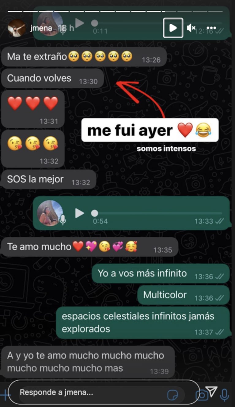 Jimena Barón mostró el tierno chat de WhatsApp con Momo, a un día de haberse ido a Miami: "Somos intensos" 