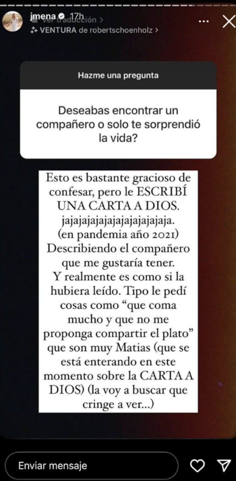 Jimena Barón mostró la carta que le escribió a Dios pidiéndole un novio antes de conocer a Matías Palleiro