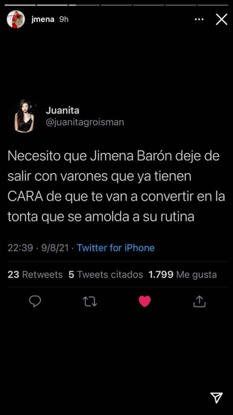 Jimena Barón retwitteó un llamativo mensaje sobre su vida sentimental: "Que deje de salir con varones que la van a convertir en la tonta"