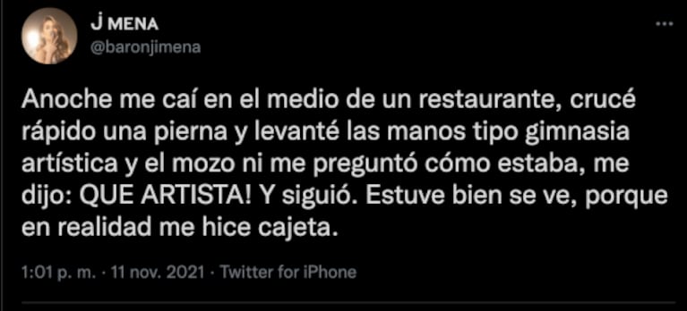 Jimena Barón se cayó en un restaurante y contó la inesperada reacción del mozo: "Ni me preguntó cómo estaba"