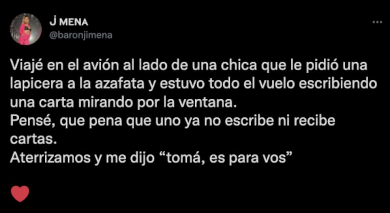 Jimena Barón se conmovió en pleno vuelo con un inesperado gesto de amor: "Me dijo 'esta carta es para vos'"