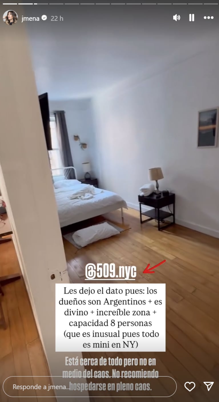 Jimena se hospedó en un departamento en Nueva York. Foto: IG | jmena