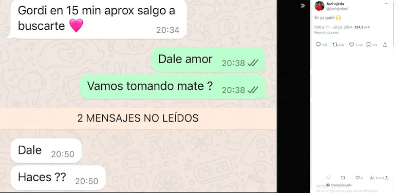 Joel Ojeda de Gran Hermano publicó un chat de WhatsApp íntimo con Catalina Gorostidi