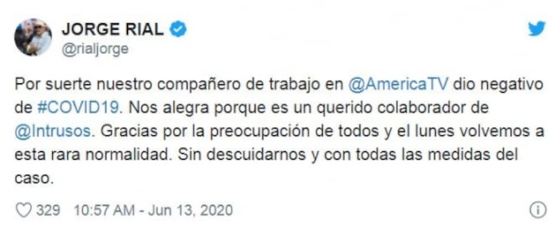  Jorge Rial informó que su compañero de Intrusos no tiene coronavirus: "Dio negativo de Covid-19"