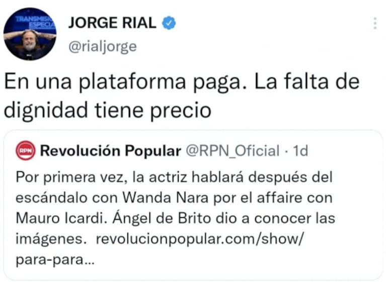 Jorge Rial lanzó un picante tweet contra la China Suárez en medio del escándalo: "La dignidad tiene precio"