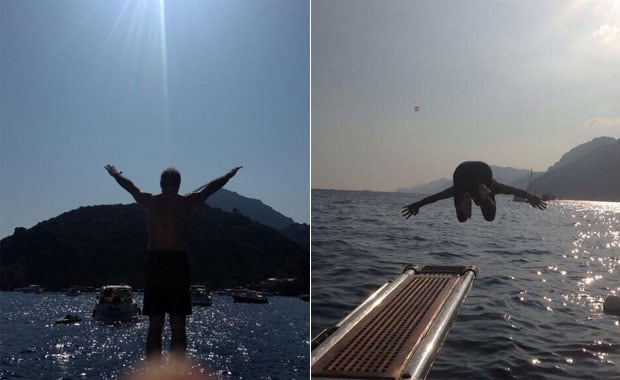 Jorge Rial tirándose al Mediterráneo. (Fotos: Twitter @rialjorge)