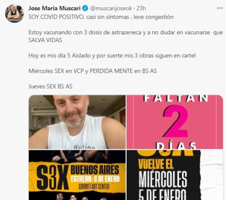 José María Muscari dio positivo de covid y compartió un mensaje concientizador: "Vacunarse salva vidas"