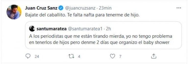 Juan Cruz Sanz cruzó fuerte a Santi Maratea por su movida solidaria para Corrientes: "Te falta nafta para tenerme de hijo"