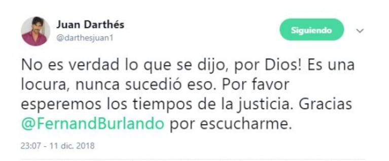 Juan Darthés rompió el silencio tras la denuncia por violación de Thelma Fardin: "Es una locura, nunca sucedió eso"