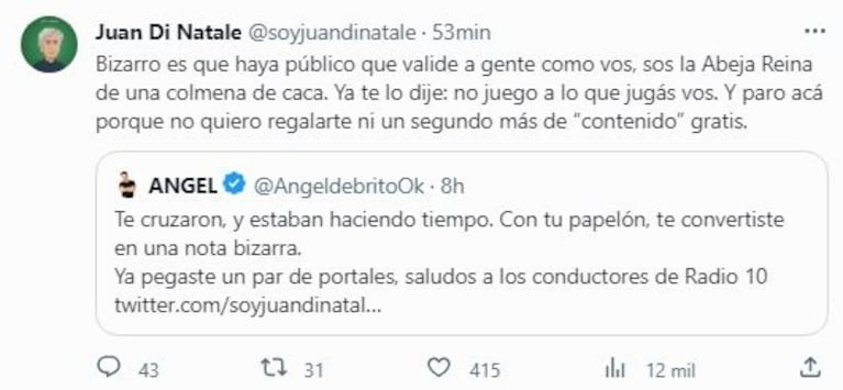 Juan Di Natale cruzó sin filtro a De Brito tras las repercusiones por su nota a LAM: "El problema lo tengo con vos, no juego al juego que jugás"