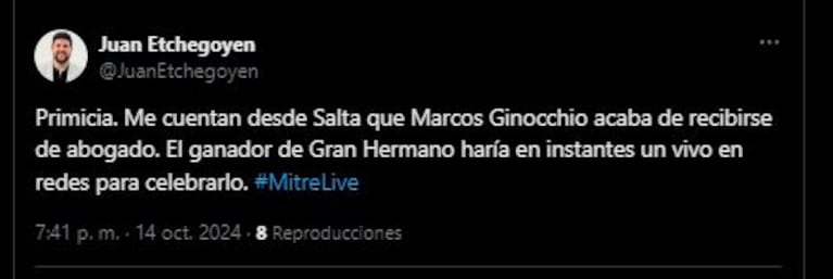 Juan Etchegoyen anunció que Marcos Ginocchio se recibió de abogado (Foto: Twitter / X)