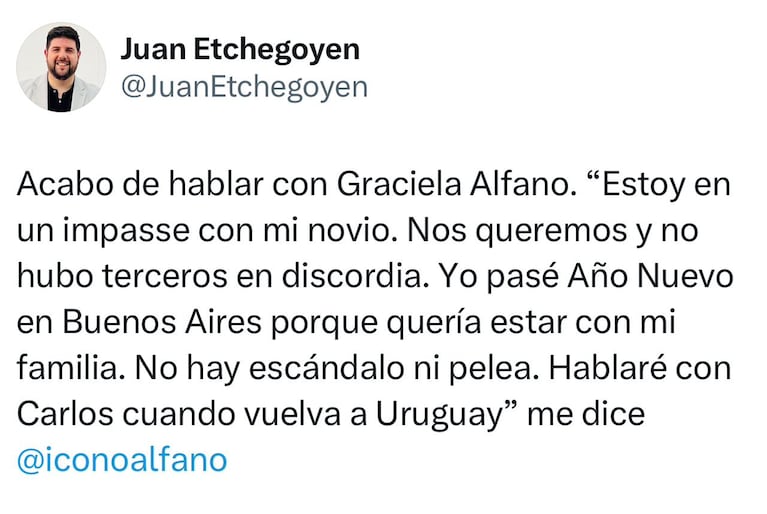 Juan Etchegoyen sobre Graciela Alfano en X.