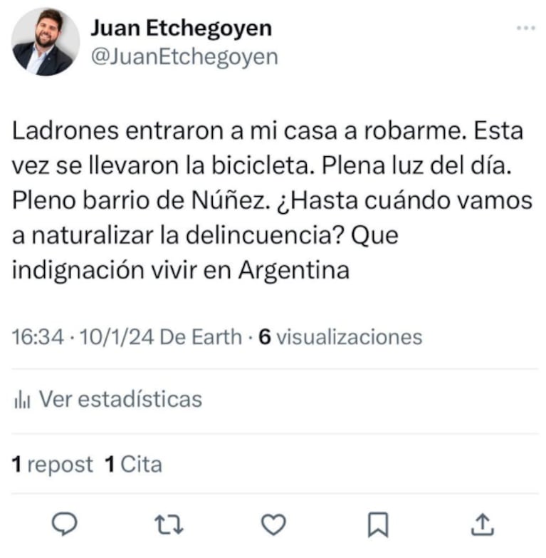 Juan Etchegoyen sufrió un robo en su casa e hizo un profundo descargo: “Se metieron conmigo adentro”