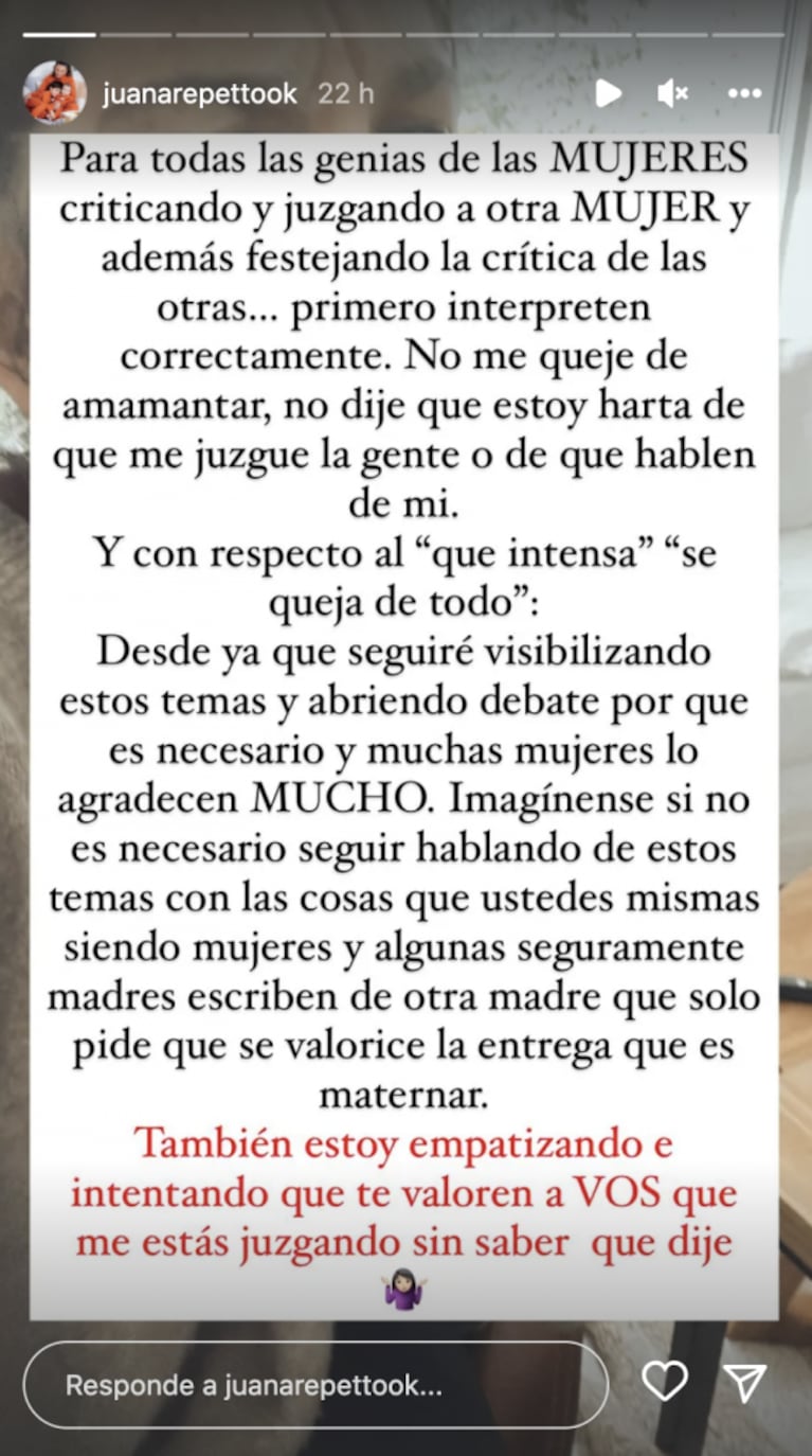 Juana Repetto les contestó a las mujeres que la critican por hablar de la maternidad: "No dejo de sorprenderme"