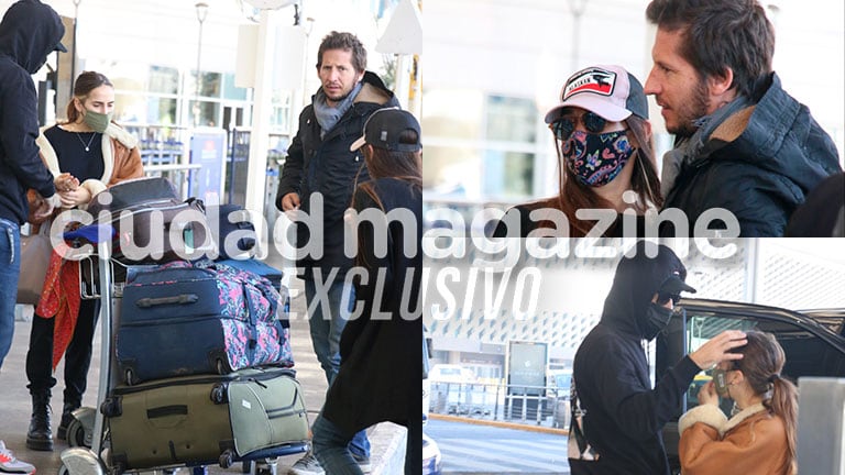 Juana y Nacho Viale, Ámbar de Benedictis y Agustín Goldenhorn en Ezeiza (Fotos: Movilpress)