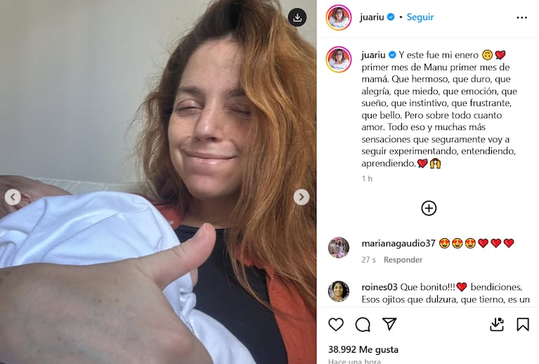 Juariu compartió un conmovedor posteo en sus redes sociales a un mes de ser mamá.