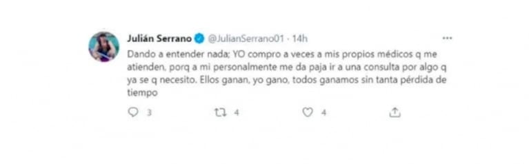 Julián Serrano, polémico con quienes acusan a su novia de vender recetas médicas: "Yo mismo las compro"