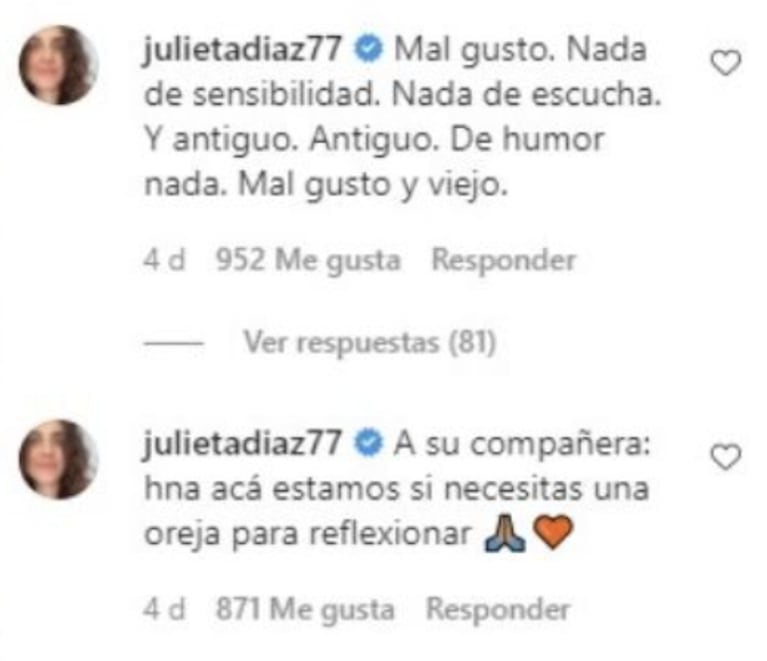 Julieta Díaz cuestionó un video de José María Listorti con su esposa y Mónica salió al cruce de forma contundente: "Es humor"