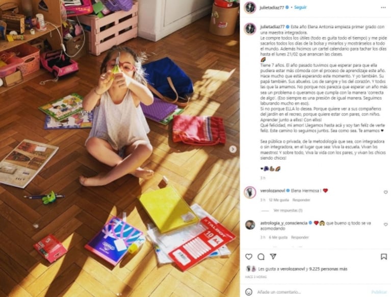 Julieta Díaz, emocionada porque su hija empezó primer grado con maestra integradora: "¡Qué felicidad, mi amor"