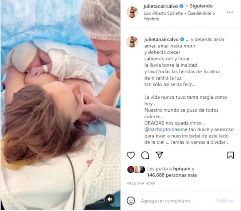 Julieta Nair Calvo fue mamá y presentó a su hijo con un video del parto: "Bienvenido, Valentino"