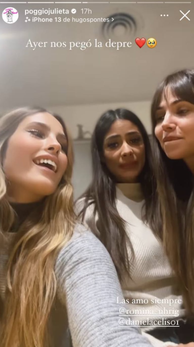 Julieta Poggio, Daniela Celis y Romina Uhrig hicieron pijama party: pastas, dulces y "fiaca" en la cama