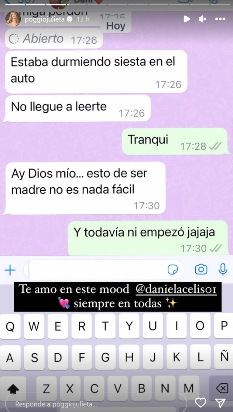 Julieta Poggio expuso un chat privado con Daniela Celis sobre su embarazo y fue contundente: “En todas”