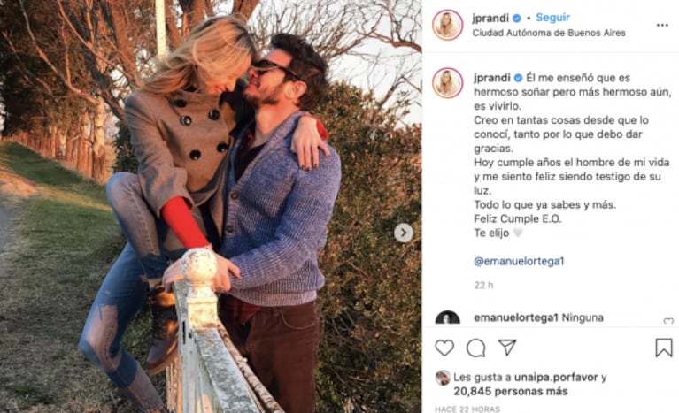 Julieta Prandi le dedicó un mensaje súper romántico a Emanuel Ortega, que cumplió 44 años: "Él me enseñó que es hermoso soñar"