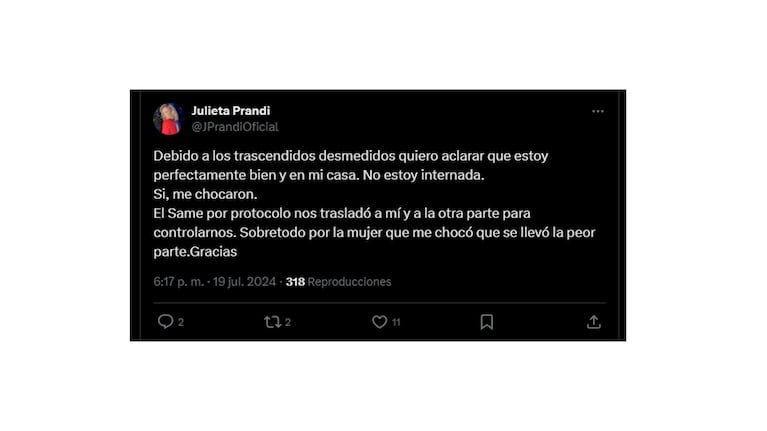 Julieta Prandi usó sus redes sociales para hablar del accidente y de su estado de salud.