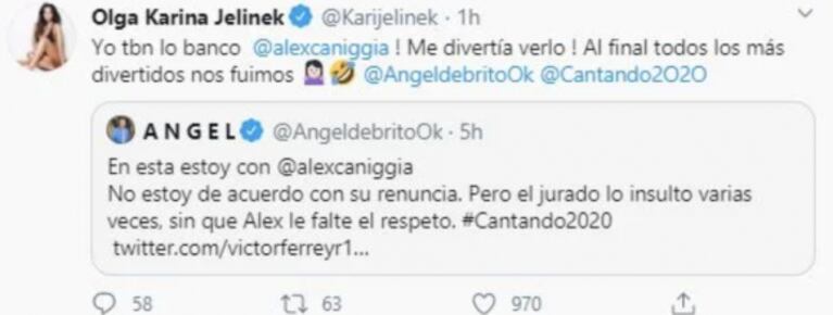 Karina Jelinek bancó a Alex Caniggia, tras su renuncia al Cantando 2020: "Los más divertidos nos fuimos"