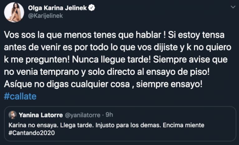 Karina Jelinek cruzó con fuerza a Yanina Latorre, luego de que dijera que no ensaya: "Callate, si estoy tensa es por vos"