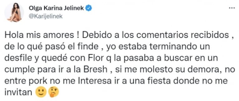 Karina Jelinek hizo un descargo tras la versión de pelea con Flor Parise por el cumpleaños de Rodrigo de Paul