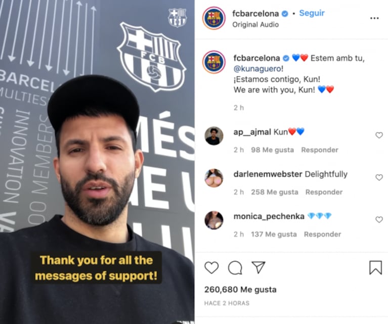 Kun Agüero agradeció por el apoyo tras quedar afuera de la cancha por su arritmia: "Gracias por los mensajes"