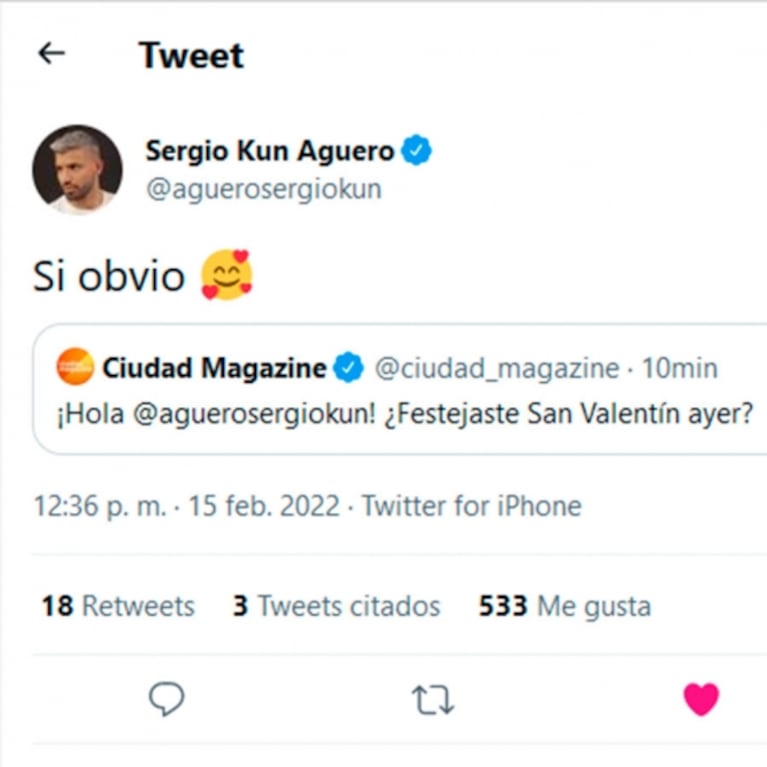 Kun Agüero desmintió el rumor de crisis con Sofía Calzetti: "Obvio que festejé San Valentín"