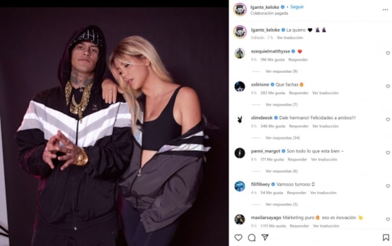 L-Gante compartió una pícara foto con Wanda Nara y le dedicó un cariñoso mensaje