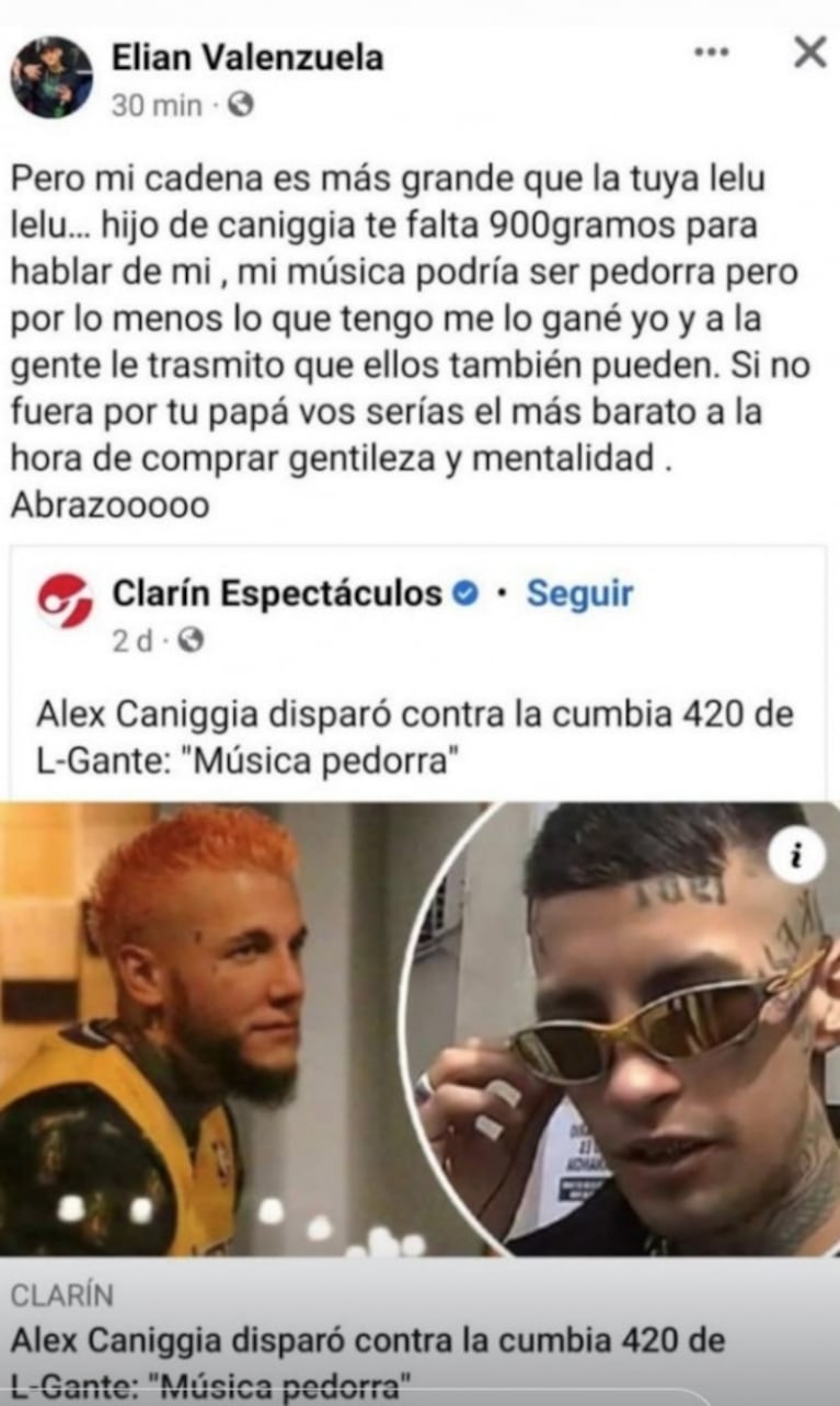 L-Gante cruzó re picante a Alex Caniggia por criticar su música y lo tildó de mantenido por el padre