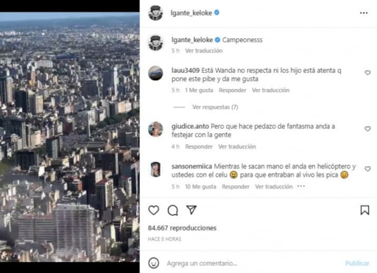 L-Gante sobrevoló la Ciudad en helicóptero para festejar el triunfo de la Selección Nacional