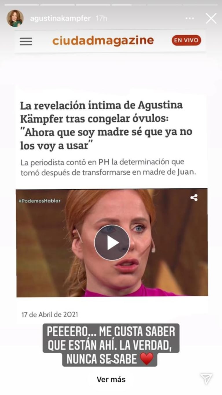 La aclaración de Agustina Kämpfer sobre su decisión de congelar sus óvulos: "Me gusta saber que están ahí"