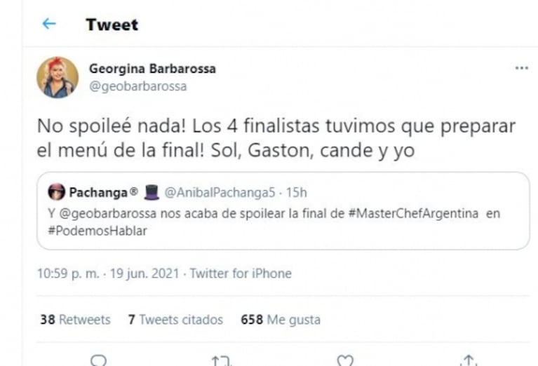 La aclaración de Georgina Barbarossa tras anunciar su supuesta presencia en la final de MasterChef Celebrity: "¡No spoileé nada!"