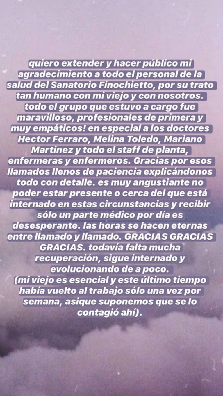 La angustia de Gimena Accardi por la salud de su padre con coronavirus: "Pelea entre la vida y la muerte"