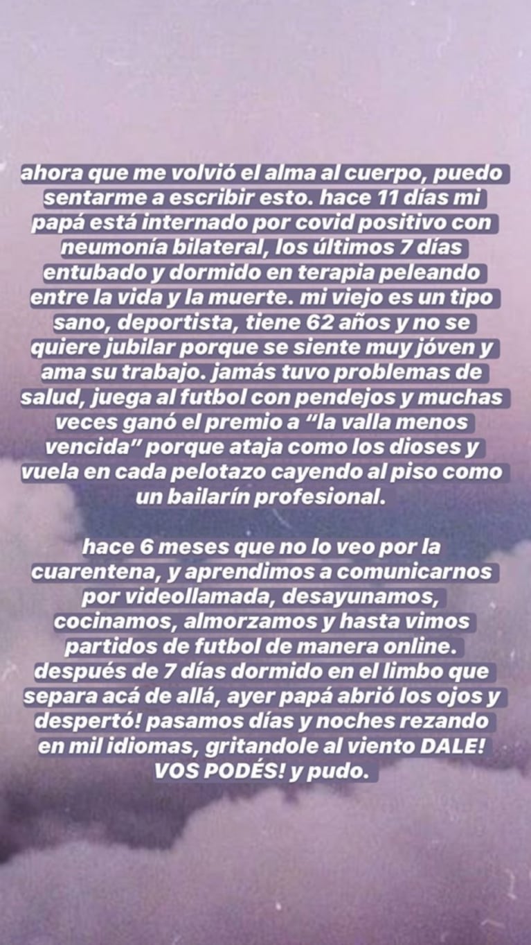 La angustia de Gimena Accardi por la salud de su padre con coronavirus: "Pelea entre la vida y la muerte"