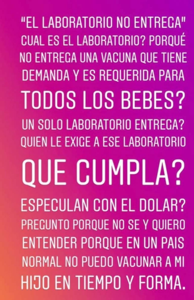 La angustia de Luli Fernández por la falta de vacunas para su hijo: "¿A quién debo recurrir? ¡Qué vergüenza!"