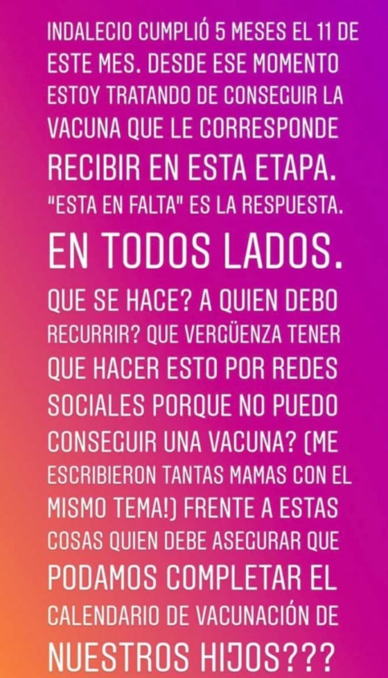 La angustia de Luli Fernández por la falta de vacunas para su hijo: "¿A quién debo recurrir? ¡Qué vergüenza!"