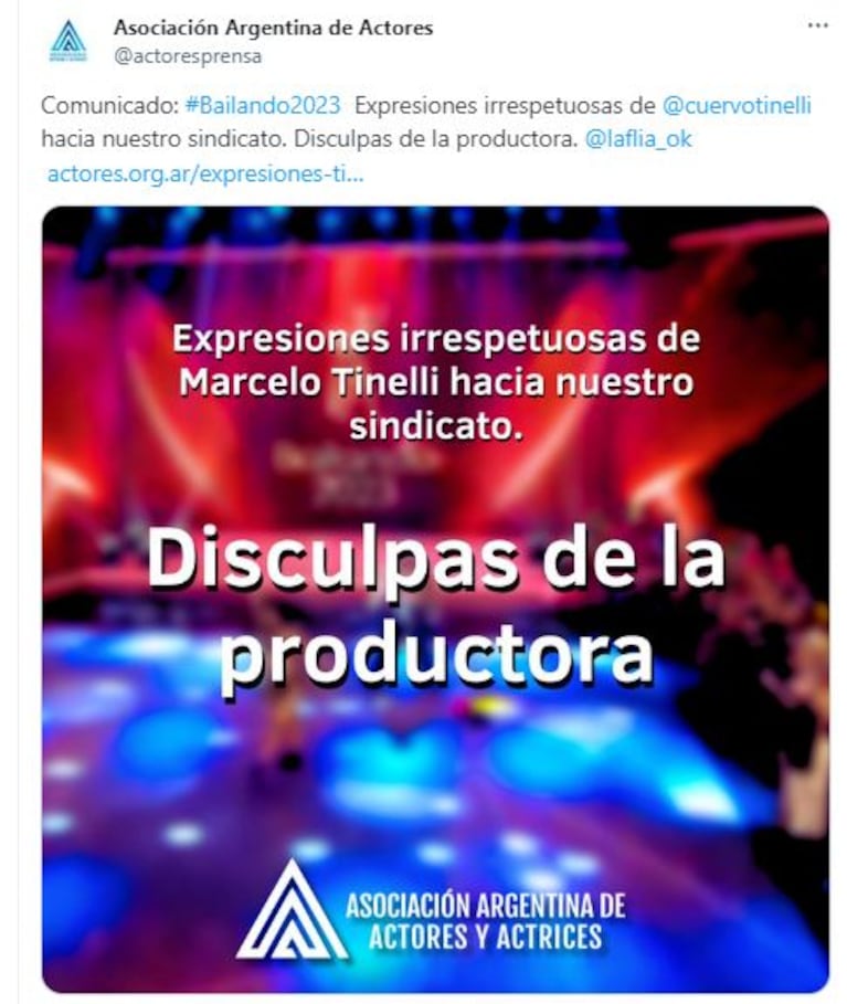 La Asociación Argentina de Actores lanzó un fuerte comunicado contra Marcelo Tinelli (Foto: Twitter / X @actoresprensa)