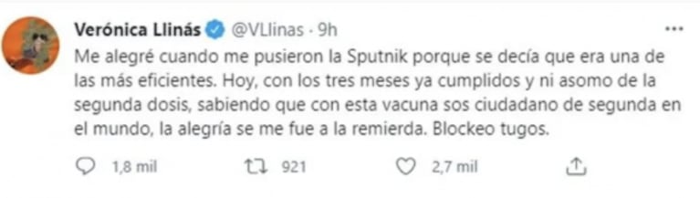 La bronca de Verónica Llinás por no haber recibido la segunda dosis de Sputnik: "Se me fue la alegría" 