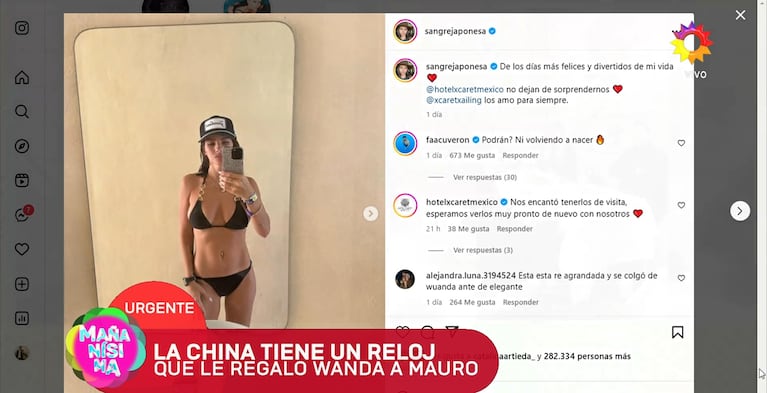 La China Suárez con el reloj de Mauro Icardi. Captura de imagen del video subido por Mañanísima